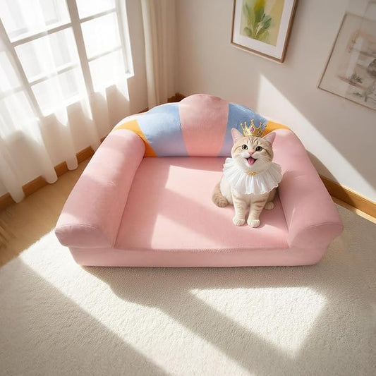 Cute Cat Couch with Soft Pillow, Supportive Dog Couch, Cat Sofa with Removable Cover，Cute Rainbow Shaped, 24 Inch