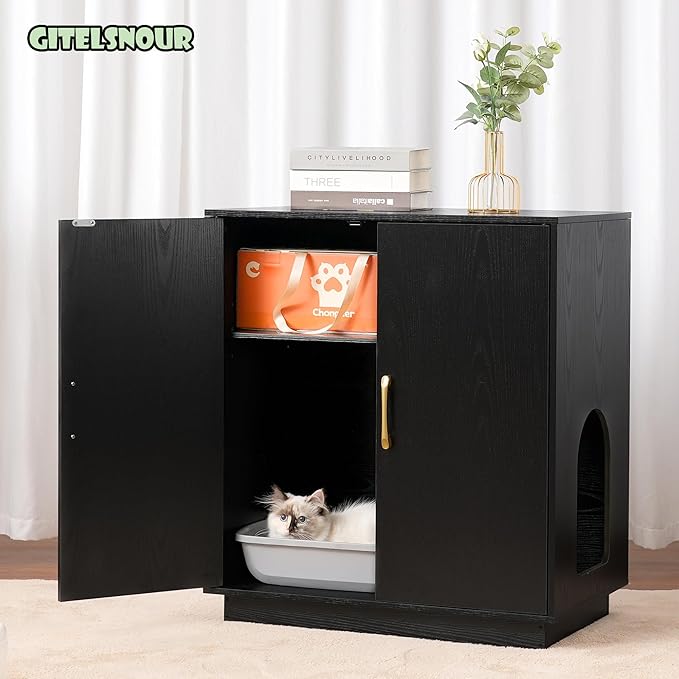 Litter Box Enclosure, 30.9'' High Large Litter Box Furniture, Modern Cat Litter Box Enclosure with Hidden Storage, Side Table, End Table, Black GCLB003BK
