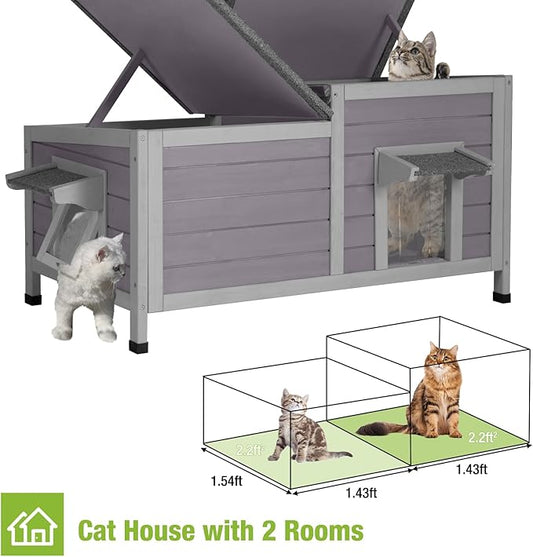 Cat House Outdoor, Weatherproof Feral Cat Shelter for Winter, Double Rooms Design