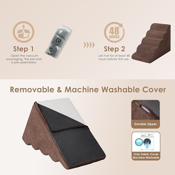 EHEYCIGA Curved Dog Stairs Ramp for High Beds, 5-Step Extra Wide Dog Steps for Small Dogs and Cats, Pet Stairs for High Bed Climbing, Non-Slip Balanced Pet Step Indoor, Brown