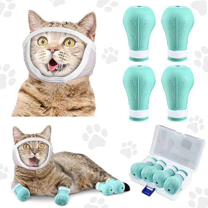 Hillban Cat Muzzle for Grooming with 4 Silicone Boots Breathable Transparent Face Guard Silicone Cat Claw Covers Anti Scratch Booties to Prevent Scratching Biting Bathing Trimming(Small)