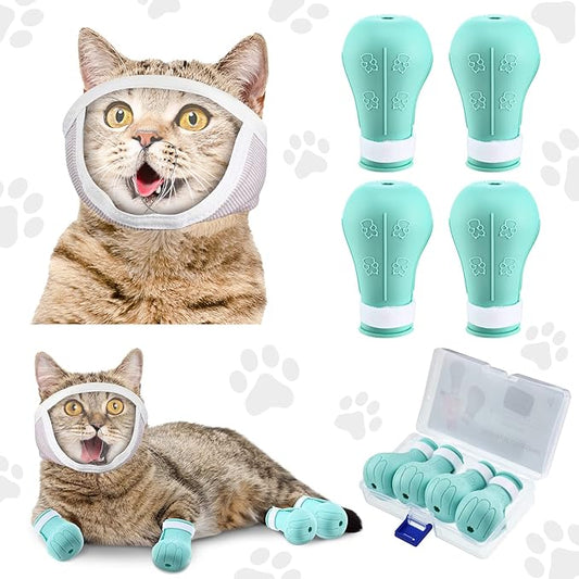 Hillban Cat Muzzle for Grooming with 4 Silicone Boots Breathable Transparent Face Guard Silicone Cat Claw Covers Anti Scratch Booties to Prevent Scratching Biting Bathing Trimming(Small)