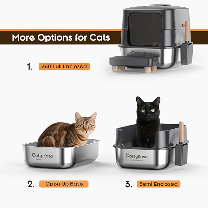 Odor Control XL Stainless Steel Litter Box，3-in-1 Enclosed High Sided Litter Box with High Lid for Big Cats，Non-Sticky，Anti-Leakage，Easy Clean，with Scoop & Filter Pedal