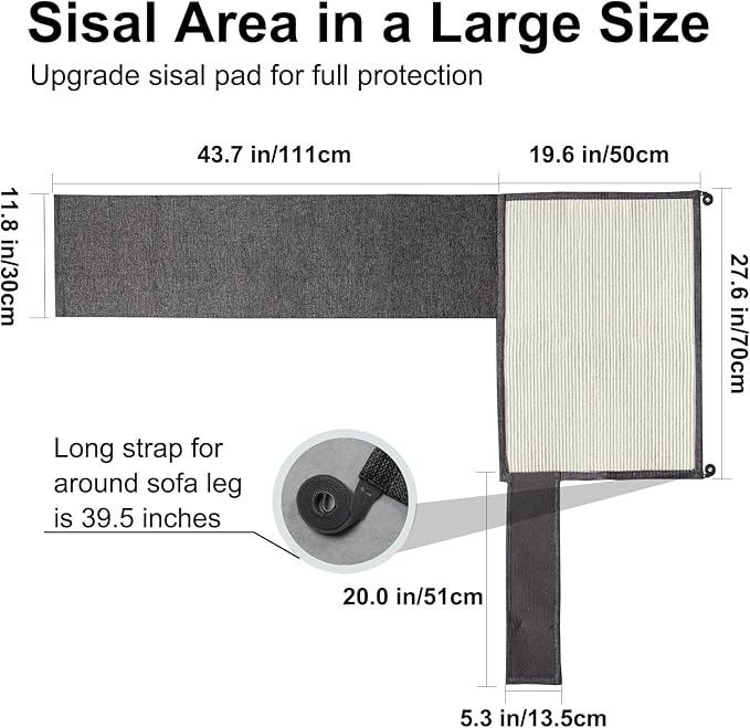 Large Size Cat Scratch Sofa Protector,27.5inch*19.6inch Sisal Couch Protector from Cats/Dogs Scratching for Big Arm Sofa use (Dark Grey/Left Handed)