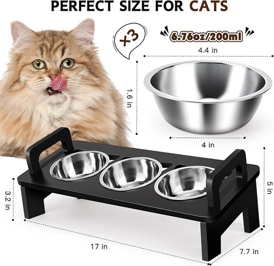 Elevated Cat Food Bowl, 3 Stainless Steel Raised Cat Bowls with Stand, 15°Tilted Cats Bowl for Indoor Cats, Pet Food and Water Bowl Set, Anti Vomitting, Whisker Fatigue and Dishwasher Safe - Black