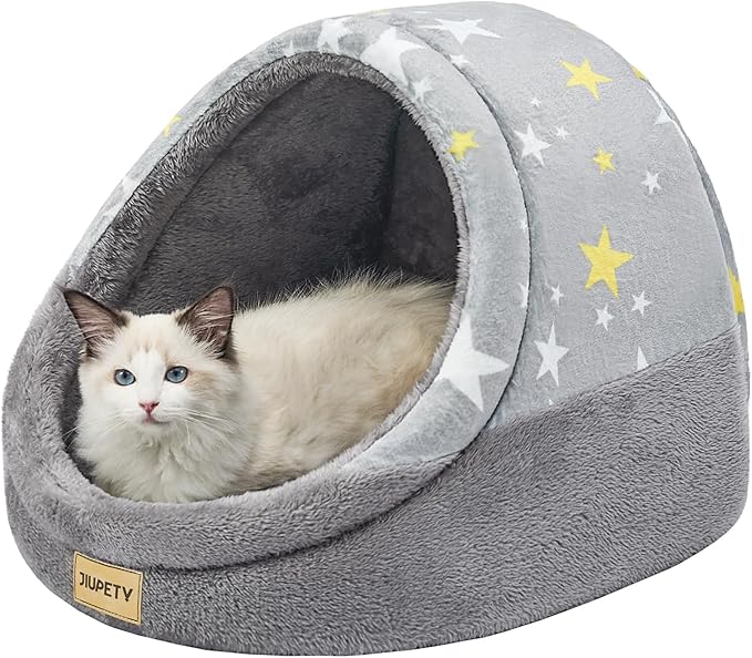 Jiupety Cute Cat Beds for Indoor Cats, Cat Cave Bed for Kittens, Large Cat Cave and Covered Cat Bed with Anti-Slip Bottom, Washable Removable Cushion, M(16"x16"x13"), Gray Star