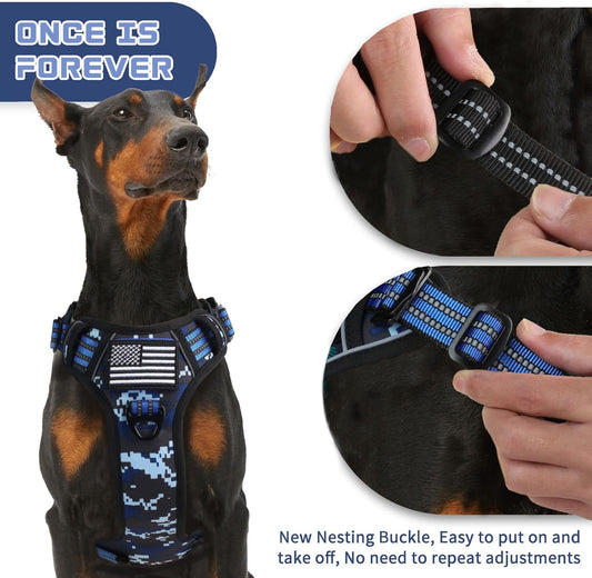 BUMBIN Tactical Dog Harness for Large Dogs No Pull, Famous TIK Tok No Pull Puppy Harness, Fit Smart Reflective Pet Walking Harness for Training, Adjustable Dog Vest Harness with Handle Blue Camo L