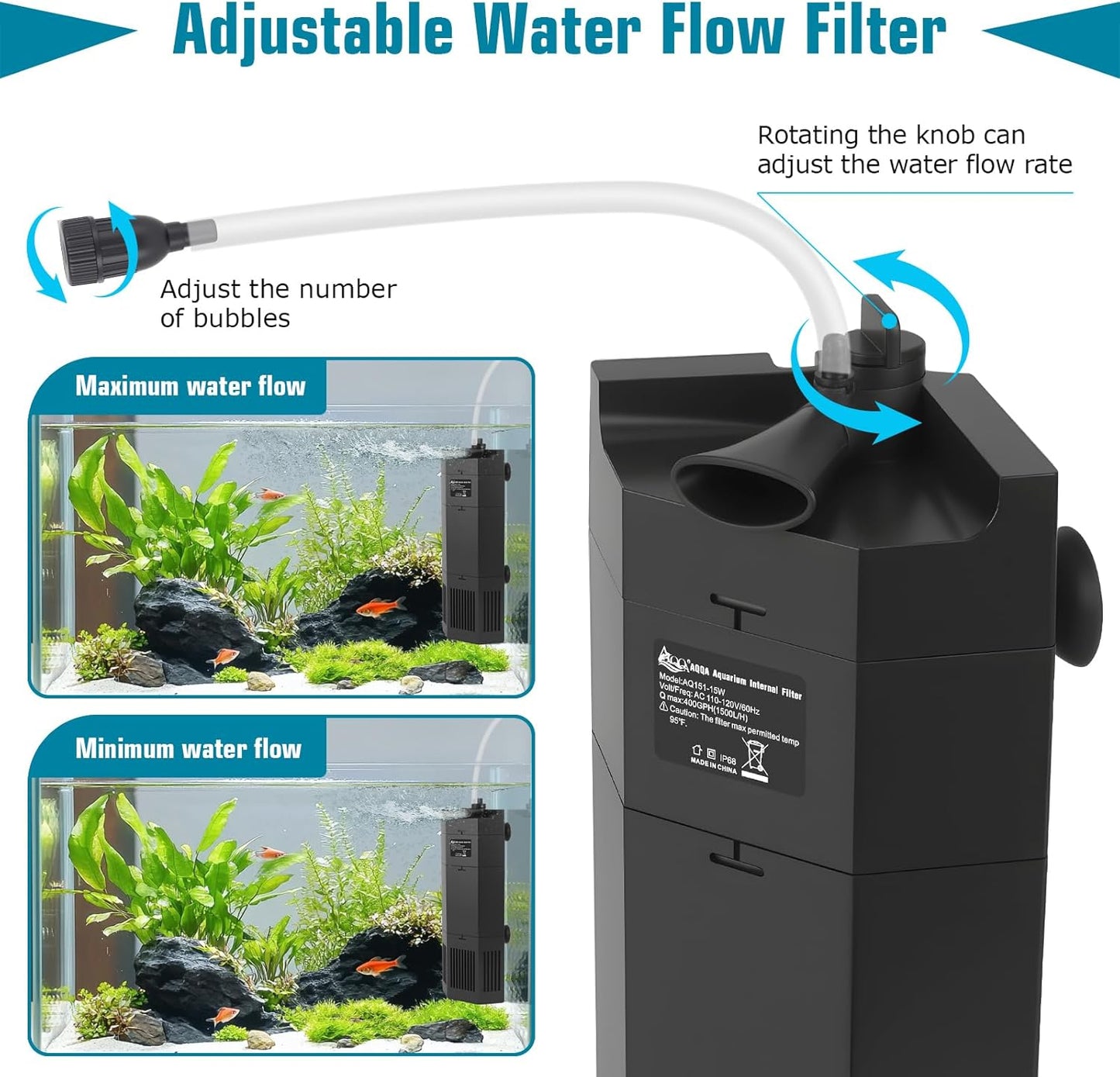 AQQA Aquarium Filter for 80-150Gal Fish Tank Submersible Internal Filters Multifunctional for Filtration, Circulation and Oxygenation Ultra Quiet for Freshwater & Saltwater Crystal Clear (15W,400GPH)