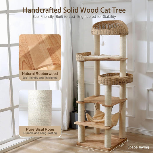 Wooden Cat Tree for Indoor Cats, 62-Inch Tall Cat Tower with Scratching Post for Large Cats, Solid Wood Cat Condo with Handwoven Basket, Modern Cat Tree Tower with Hammock, Easy to Clean