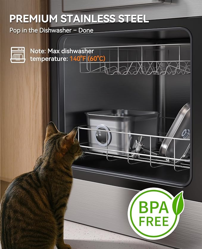 Stainless Steel Cat Water Fountain for Drinking, 99oz/2.8L Auto Pet Drinking Fountain for Cats Indoor with 20dB Ultra-Quiet Pump, 24/7 Circulation Filtration & LED Water Level Window& Dishwasher Safe