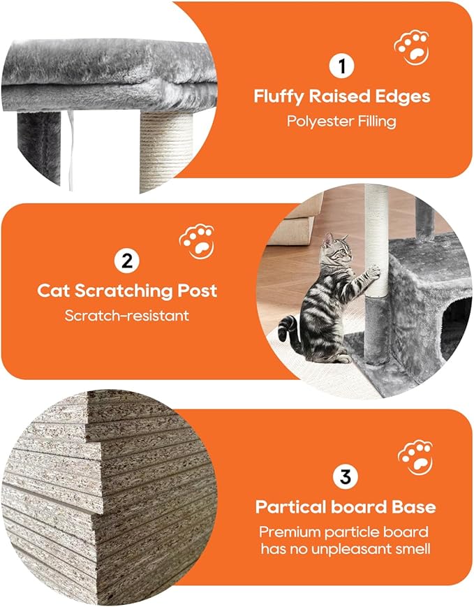 SYANDLVY Cat Tree for Indoor Cats Large Adult, Modern Activity Tower with Scratching Posts, Condo with Plush Perch, Climbing Stand with Spring Ball for Play, Grey