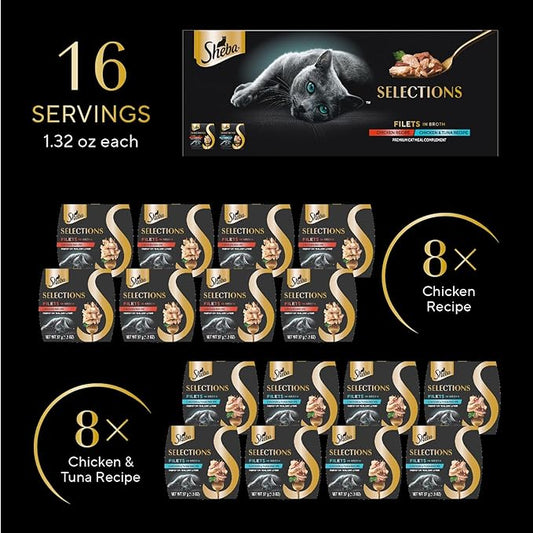 Sheba Selections Filets in Broth Adult Wet Cat Meal Complement Chicken or Tuna Recipe, 1.3 oz. Cups, 8 Count (Pack of 2)