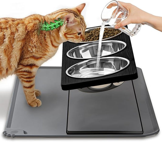 Elevated Cat Food Bowls with Mat Whisker Friendly, 15°Tilted Raised 3 Stainless Steel Cat Water Dishes Set for Anti Vomit, Black Pet Holder Stand Feeding Station for Indoor Kitten and Puppy