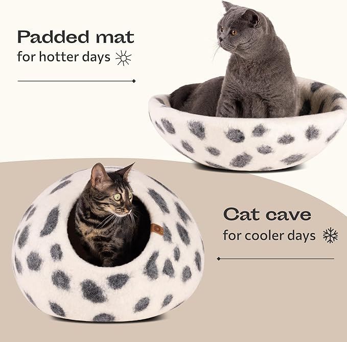 MEOWFIA Cat Cave – Premium Felt Cat Bed for Indoor Cats, Handmade 100% Merino Wool (Medium, Snow Leopard)