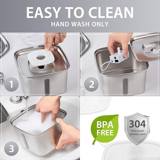 Veken Innovation Award Winner Stainless Steel Cat Water Fountain, 95oz/2.8L Automatic Pet Fountain with 6 Replacement Filters & 6 Pre-Filter Sponges & Silicone Mat for Cats, Dogs (Silver)