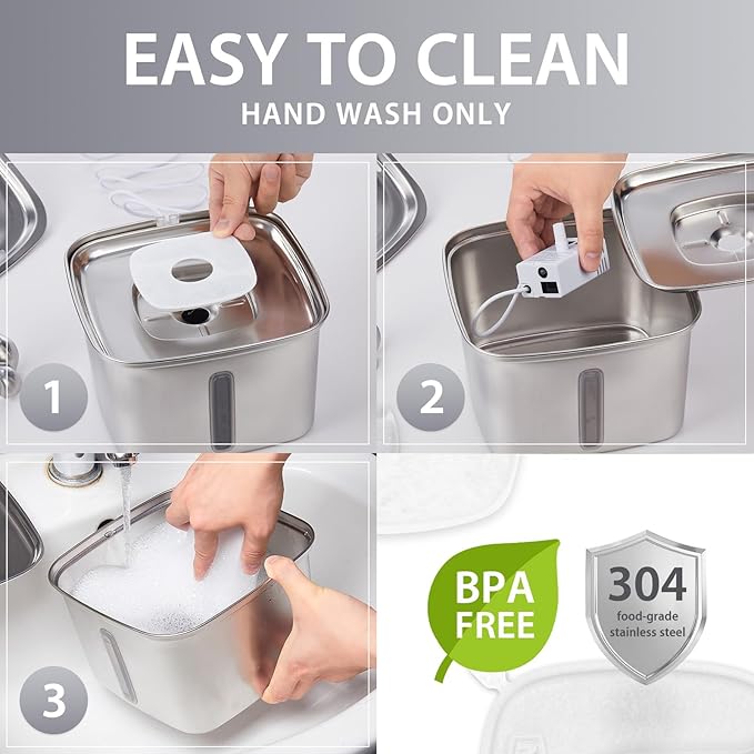 Veken Innovation Award Winner Stainless Steel Cat Water Fountain, 95oz/2.8L Automatic Pet Fountain Dog Water Dispenser with Replacement Filters & Silicone Mat for Cats, Dogs, Multiple Pets (Silver)