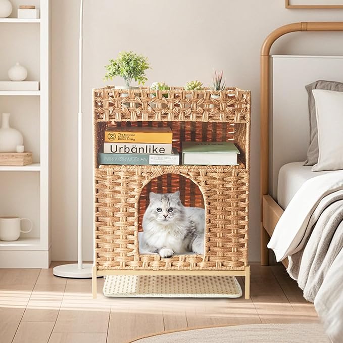 Cat Litter Box Enclosure Furniture - Handwoven Rattan Hidden Litter Box Enclosure with Mat, 24.6 x 18.1 x 14.1 Inches Hidden Cat House for Living Room, Bedroom Natural