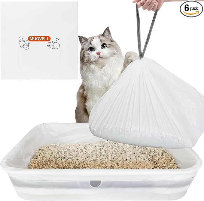 Cat Litter Box Liners 6 Count, 37" x 18" Jumbo Cat Litter Bags with Drawstring, XL Heavy Duty Litter Pan Liners, Litter Box Liners Tear Leak Resistant for Pet Supplies Simple Access