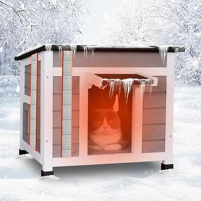 Outdoor Cat House Insulated Feral Cat Shelter Weatherproof Outside Cat Enclosure for Winter Gray
