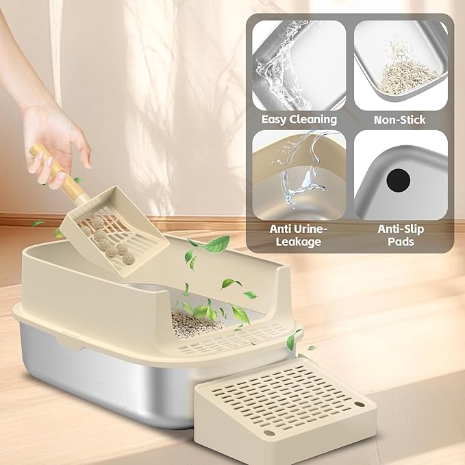 Stainless Steel Cat Litter Box with Lid, 3 in 1 Removable Litter Box for Big/Multiple Cats, High Sides Kitty Litter Pan, Leak-Proof XL Extra Large Enclosed Metal Litter Pan Easy Clean with Scoop & Mat