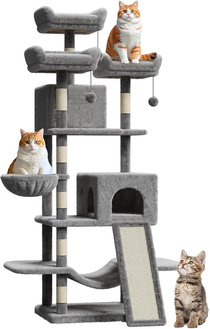 68.5 Inch Multi-Level Cat Tree, Plush Cat Tower with Condo/Sisal Scratching Posts/Hammocks/Basket/Dangling Ball/Platform, Heavy Duty Cats Tree to Play and Sleep, 2605#Light Grey