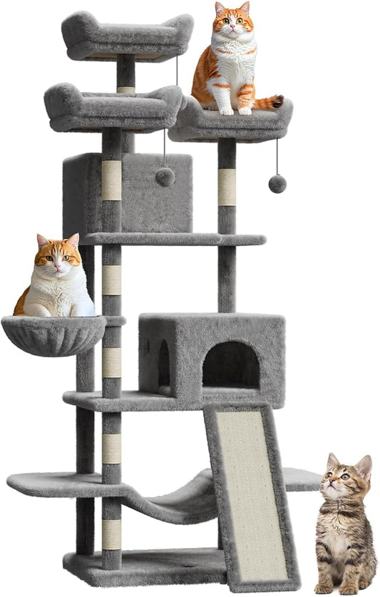 68.5 Inch Multi-Level Cat Tree, Plush Cat Tower with Condo/Sisal Scratching Posts/Hammocks/Basket/Dangling Ball/Platform, Heavy Duty Cats Tree to Play and Sleep, 2605#Light Grey