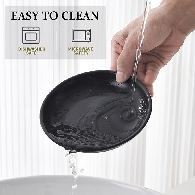 Ceramic Cat Food Bowl Set - 4 Pack Healthy Wide Shallow Cat Dishes Cat Plates for Food and Water, Anti Whisker Fatigue Cat Feeding Bowls for Pet Puppy Kittens, Dishwasher Microwave Safe, 5.8 In, Black