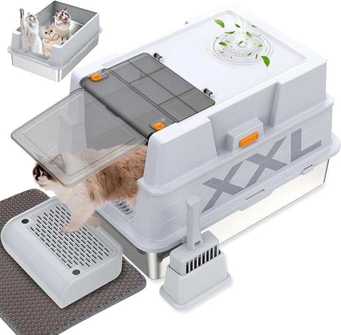 ELEGX XXXL Extra Large 28" L×20" W Odor-Control Stainless Steel Cat Litter Box, 4-in-1 Cat Metal Litter Box Set,Enclosed Removable Metal Litter Box with High Sided Enclosure,Mat & Scoop