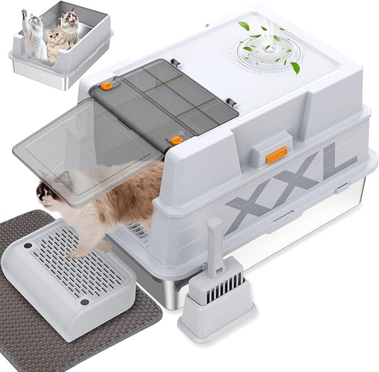 ELEGX XXXL Extra Large 28" L×20" W Odor-Control Stainless Steel Cat Litter Box, 4-in-1 Cat Metal Litter Box Set,Enclosed Removable Metal Litter Box with High Sided Enclosure,Mat & Scoop