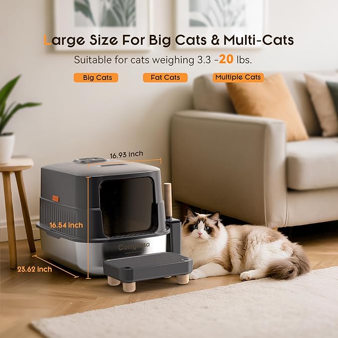 Odor Control XL Stainless Steel Litter Box，3-in-1 Enclosed High Sided Litter Box with High Lid for Big Cats，Non-Sticky，Anti-Leakage，Easy Clean，with Scoop & Filter Pedal