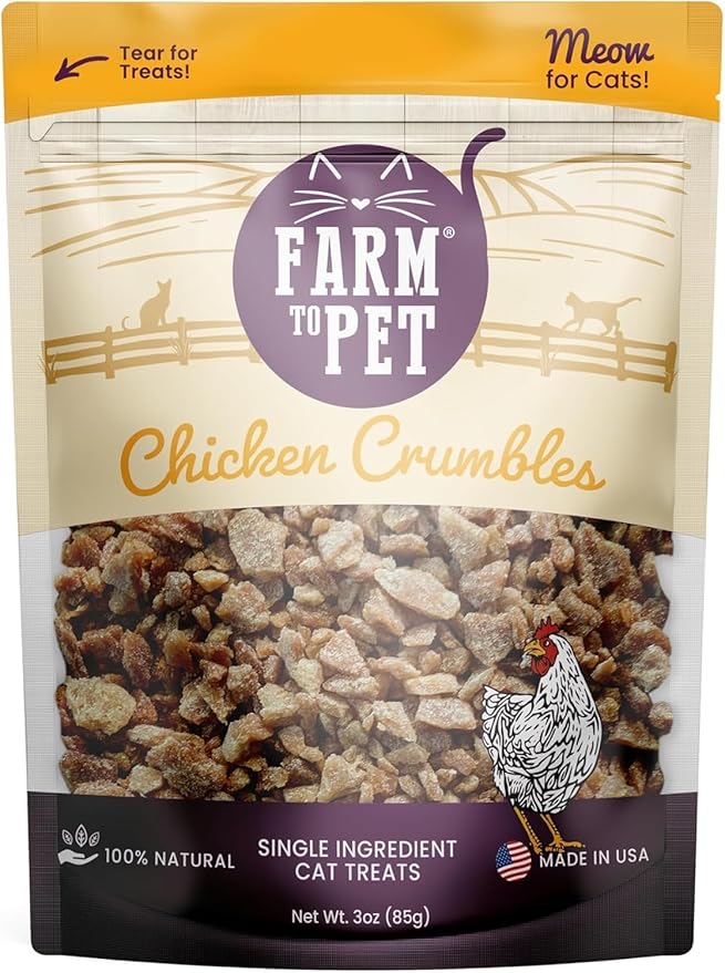 Farm To Pet - Cat Treat Crumbles - 3 oz Single Ingredient Chicken Treat and Snacks - Healthy for Indoor Cats and Kitten - Essential Products (Mix with Wet/Dry Food)