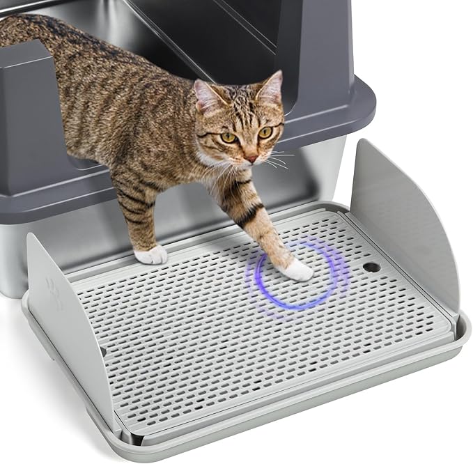 Cat Litter Box Step with Removable Splash-Proof Baffles, Large Pet Ramp for Litter Box with Filter Function Double Layer Cat Pedal Footrest Splash-Proof Easy to Clean (Light Grey)