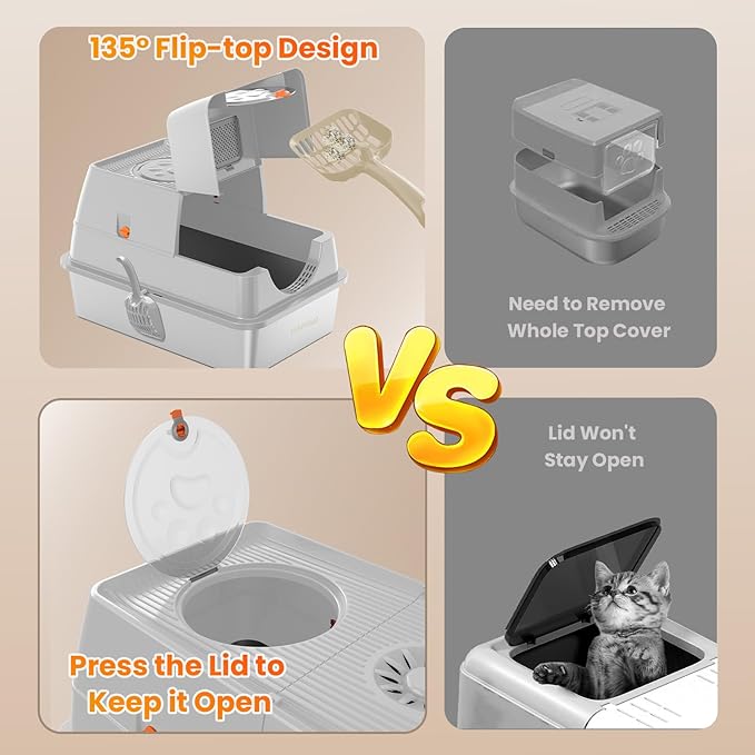 Stainless Steel Litter Box with Lid, 135° Flip-Top Extra Large Cat Litter Pan, Enclosed Metal Litter Box with Litter Scoop & Filter Pedal,Odor Free, Front & Top Dual Entry