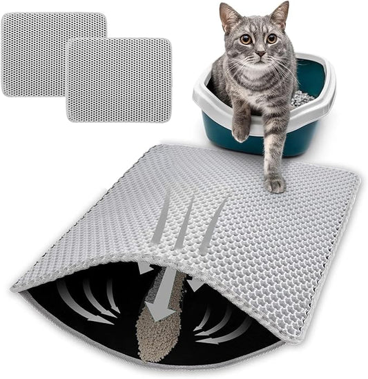 HCY&WLD 2-Pack Cat Litter Mat, Double Layer Honeycomb Waterproof Urine Proof Non-Slip Litter Trapping Mat, Less Waste, Easy to Clean Cat Litter Box Mat, Kitty Indoor Supplies (Gray, 30x22 Inches)