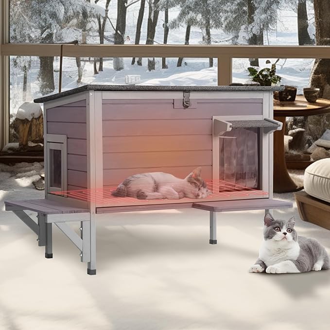 GUTINNEEN Heated Cat House for Outside Insulated Cat House Outdoor Weatherproof Feral Cat Shelter with Heated Pad, All-Round Thermal Liner, Secure Escape Doors for Cats (Winter-Ready)