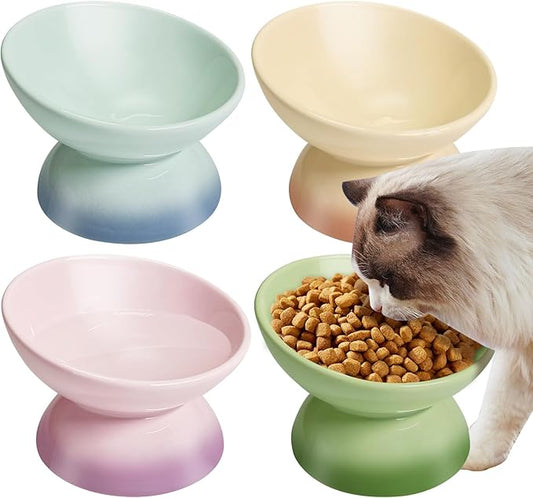 4Pcs Ceramic Raised Cat Bowl Elevated Cat Bowls Tilted Cat Food Dishes Pet Bowl Stand Feeder Cute Cats Bowl for Kittens Puppies Small Dog Whisker Fatigue Protect Kitten Spine(Gradient Color)