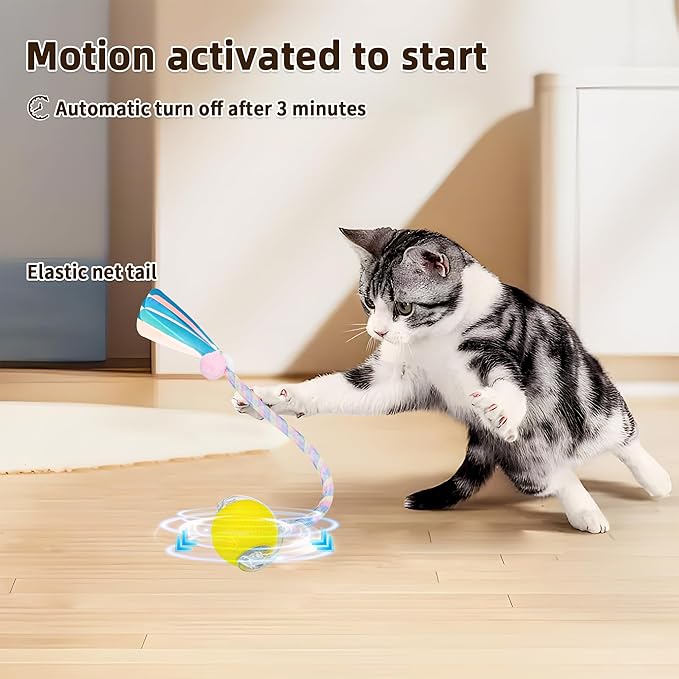 Interactive Cat Toy Ball for Indoor Cats, 2025 New Fast Self Rolling Ball Cat Toy on Carpet, Smart Interactive Automatic Cat Toy Ball for Gifts, Moving Cat Toy with Elastic Mesh Tail(Yellow)