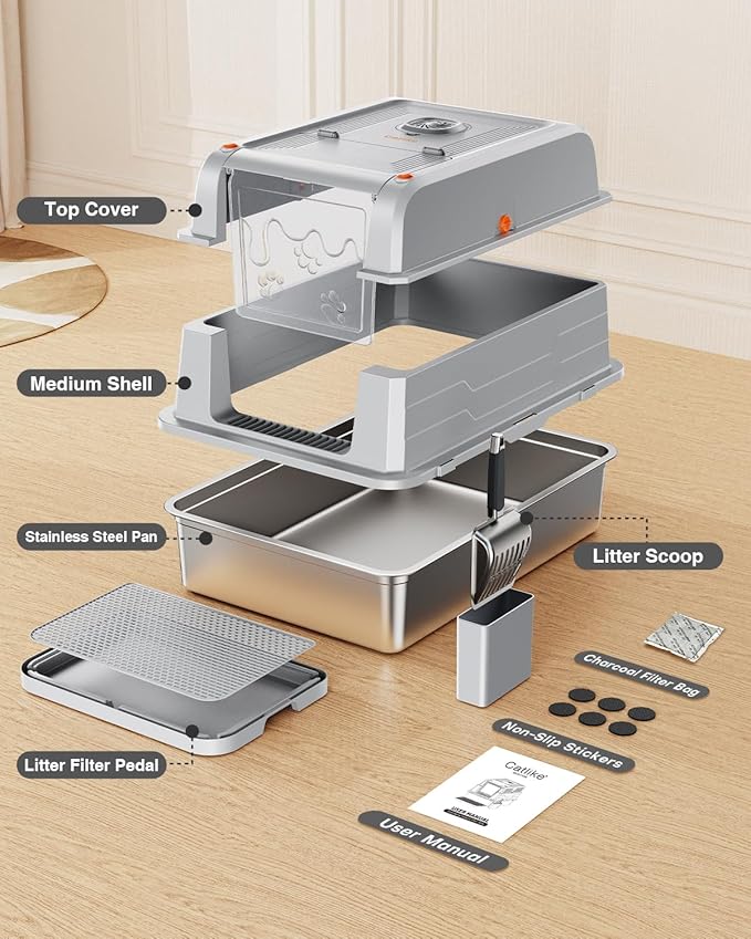 CATLIKE® 2025 Upgrade 152L XXXL Stainless Steel Cat Litter Box - 3-Layer Urine Leak-Proof, Enclosed Design w/Charcoal Filter for Maine Coon & Multi-Cat Homes, Includes Metal Scoop & Mat