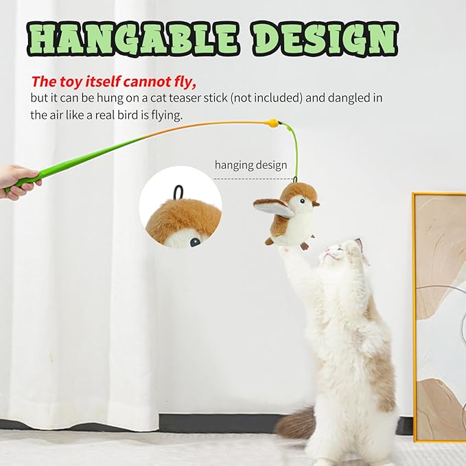 Cat Toys, Flapping Wings Cute Sparrow, No Flying, Chirping Bird Interactive Catnip Toy for Kitten or Small Dogs, Touch Activated, Rechargable