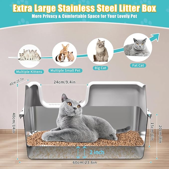 XL Stainless Steel Sifting Cat Litter Box with 6'' Sifting Box & 8'' Bottom Pan, Sifting Cat Litter Pan High Side, No Mess, Nnti-Odor, Easy to Clean, Metal Cat Litter Box with Metal Scooper & Liners