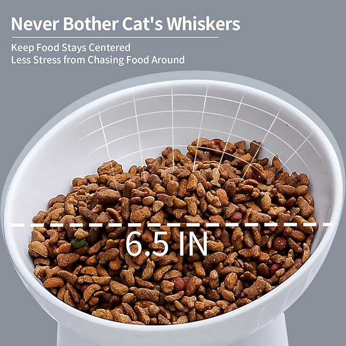 OMAYKEY 6.5 Inch Extra Wide Ceramic Raised Cat Bowl Set, Tilted Elevated Cat Bowls for Food and Water, Prevent Whisker Fatigue, Stress Free, Less Vomiting, Protect Spine, White & Grey