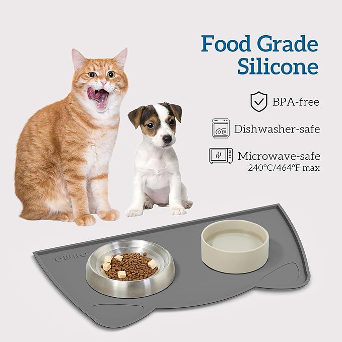 OHMO - Cat Food Mat, Silicone Pet Feeding Mat for Floor Non-Skid Waterproof Dog Water Bowl Tray, Easy to Clean Pet Placemat (Dark Grey, 18 * 9.8'')