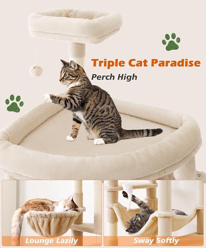 AMHANCIBLE Large Cat Tree, 83 Inch Multi-Level Tall Tower for Indoor Adult Cats, with Scratching Post and Board, Hammock, Condos, Hanging Basket, Activity Center to Play and Sleep, Beige, PT21BG