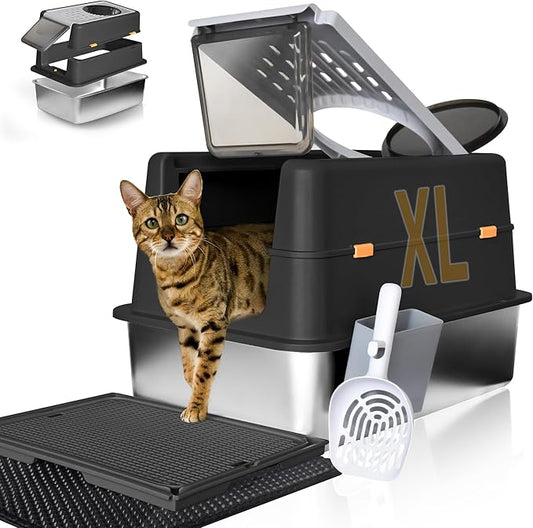 Stainless Steel Litter Box with Lid, XL Extra Large Metal Cat Litter Boxes for Big Cats Enclosed, Easy to Scoop with Litter Scoop Set, High Sides Enclosure Anti-Urine Leakage Non-Sticky, Black
