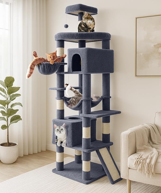 AMHANCIBLE Large Cat Tree, 83 Inch Multi-Level Tall Tower for Indoor Adult Cats, with Scratching Post and Board, Hammock, Condos, Hanging Basket, Activity Center to Play and Sleep, Dark Grey, PT21DG