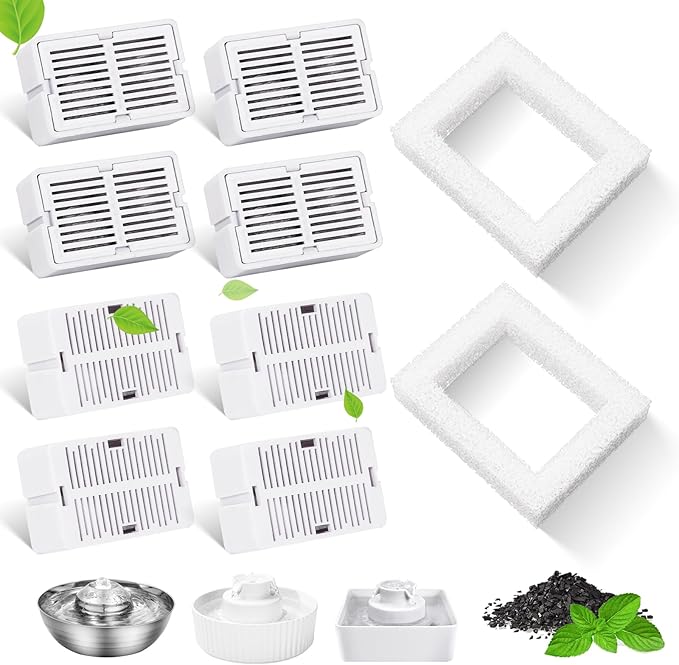 8 Packs Cat Water Fountain Filter for 2.1L/71oz Ceramic Cat Water Dispenser, 8 Carbon Filters & 2 Foam Filters for Porcelain Pet Water Fountain, Multi-Filtration System Activated Carbon Filter