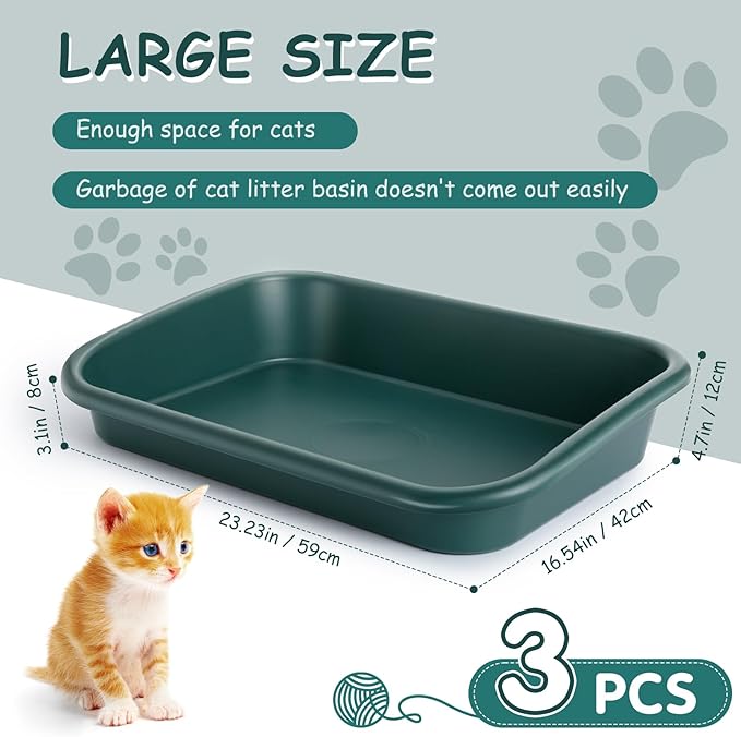3 Pcs Large Cat Litter Box, Low Entry Senior Cat Litter Box Open Top Pet Litter Boxes Tray for Big Older Cats Kitten Sick Frail or Disabled Cat, 23.2" L x 16.5" W (Green)