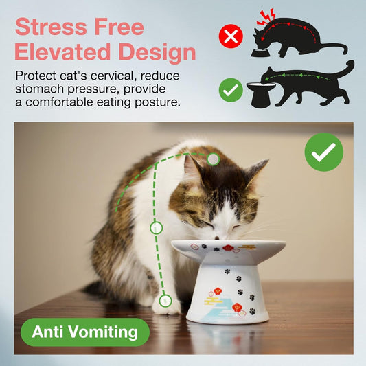 Necoichi Raised Cat Food Bowl – Ceramic Elevated Cat Bowl for Whisker & Neck Fatigue, Dishwasher Microwave Safe – Non-Slip & Anti Vomiting Ergonomic Design (Fuji, Extra Wide)