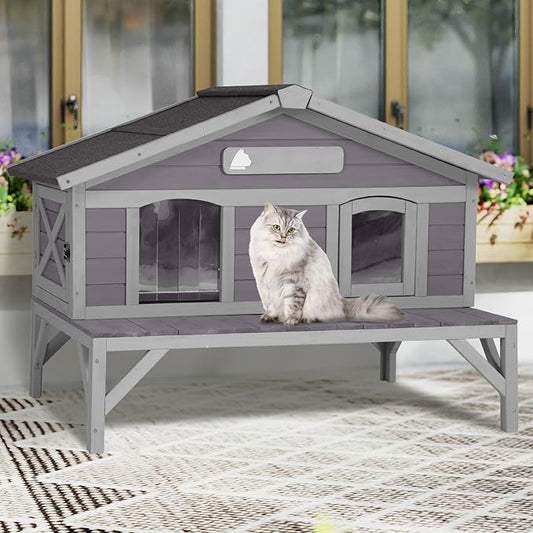 GUTINNEEN Outdoor Cat House, Wooden Feral Cat Shelter with Large Balcony. Weatherproof Cat House for Stray Cats Outside with Escape Doors, Indoor Kitten Condo