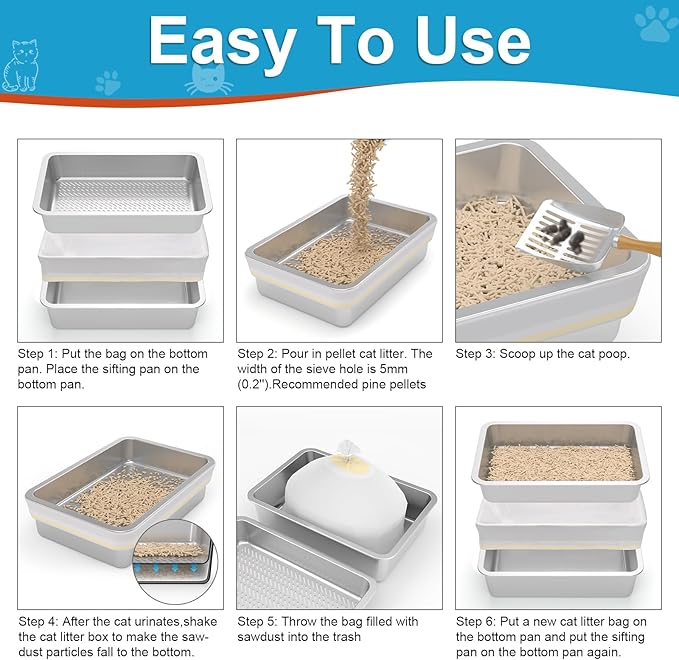 XL Stainless Steel Sifting Litter Box for Big Cats,Metal Sifting Cat Litter Box for Wood Pine Pellets,Extra Large Sifter Litter Pan System,Odor Control,Easy to Clean,with Liners and Metal Scoop